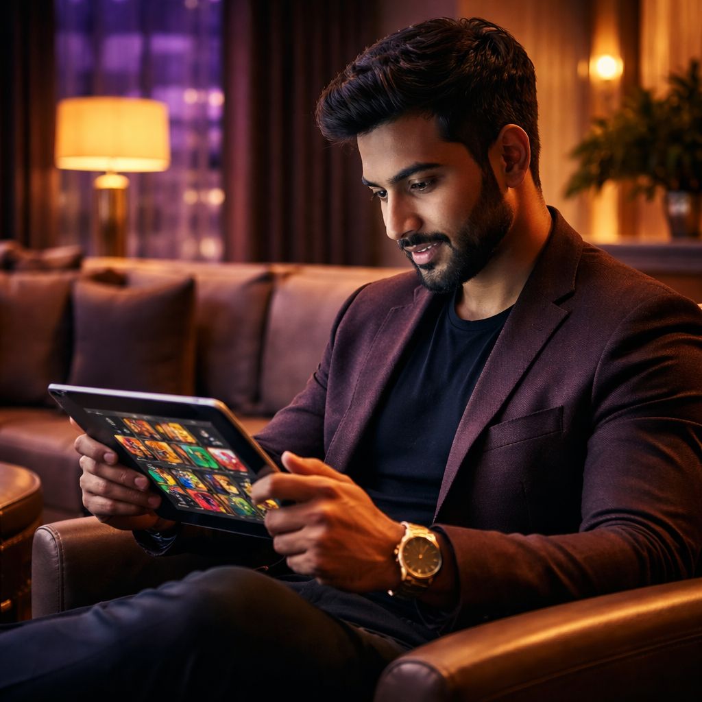 Stylish online casino scene with a Bangladeshi player viewing live games and slot icons in a premium 7555bet environment