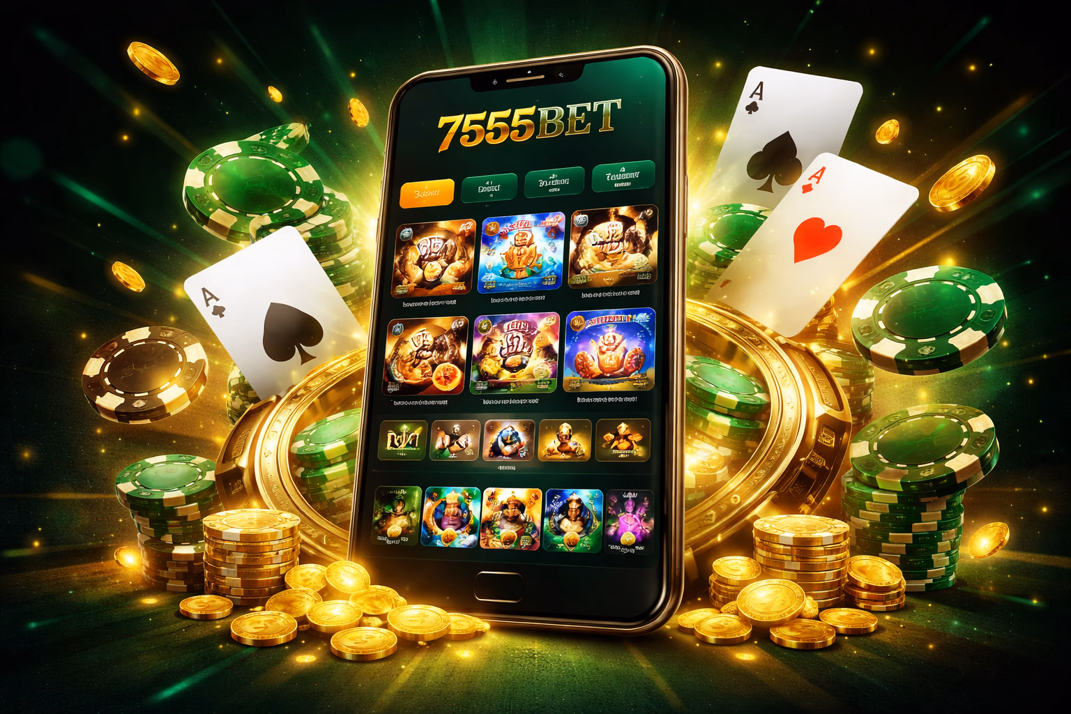 Bangladeshi woman checking the 7555bet mobile casino app with glowing game icons around her