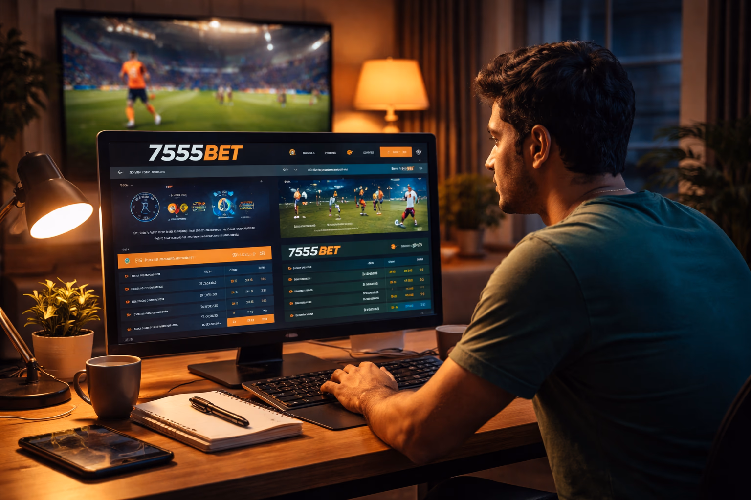 Bangladesh bettor checking 7555bet live sports odds on a desktop setup while watching a football match at home