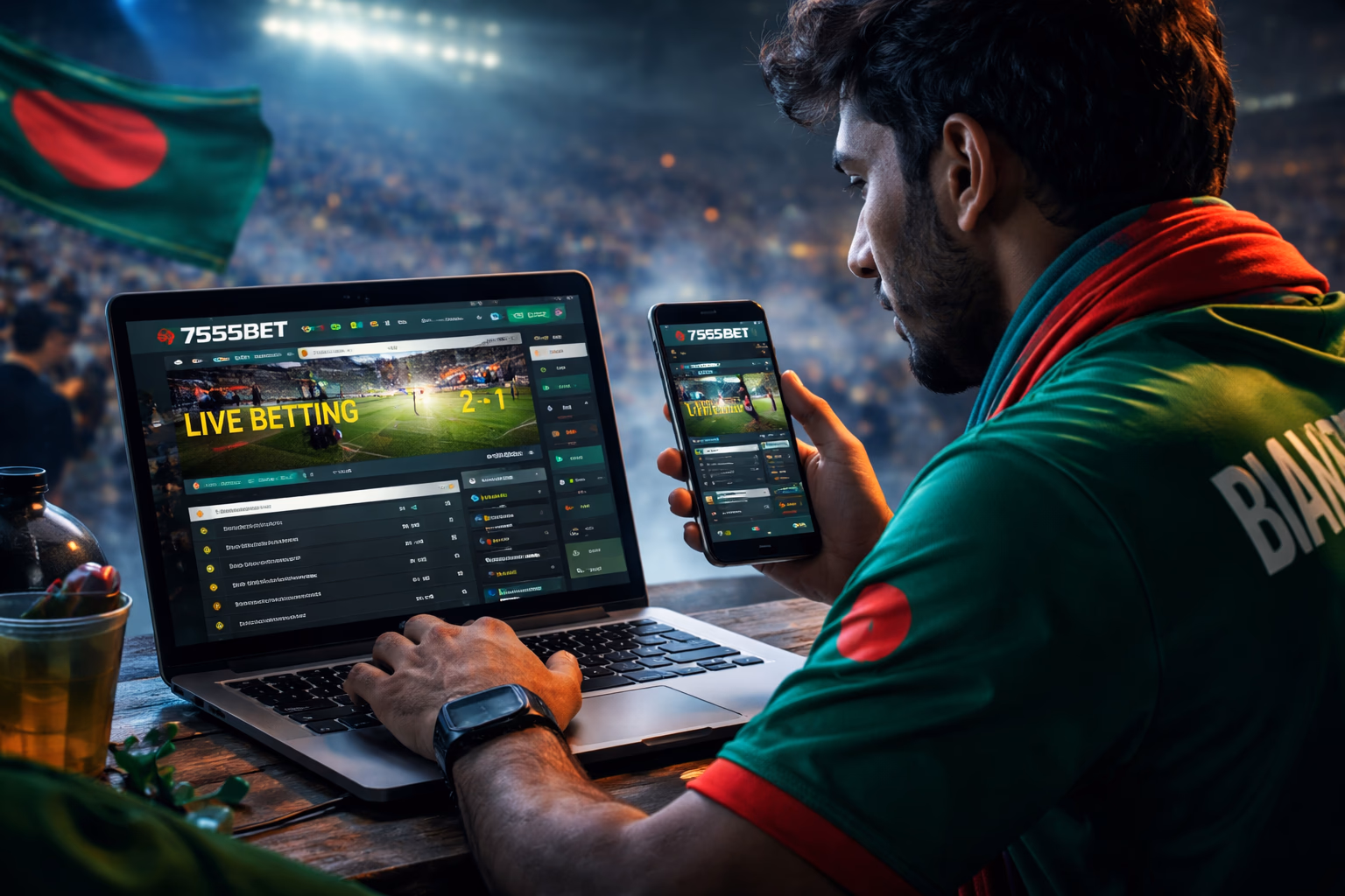 Bangladeshi player following live sports on mobile and laptop with 7555bet betting markets open during an evening match