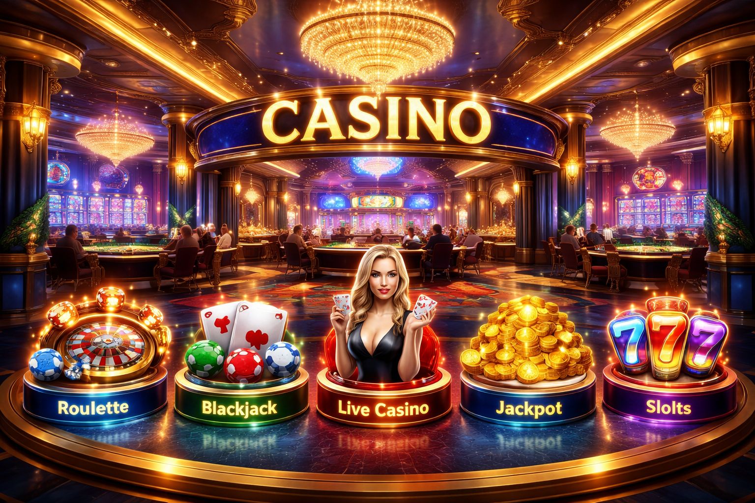 Premium digital casino lobby from 7555bet with live tables, slot icons, and exciting online gaming energy for Bangladesh