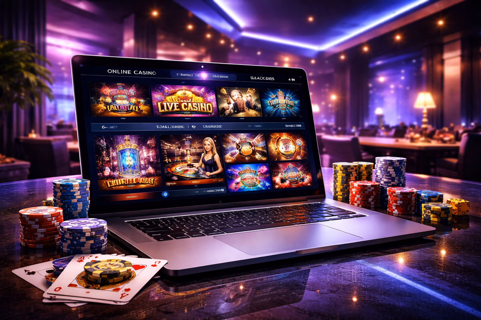 Laptop displaying 7555bet casino game categories with bright reels, cards and glowing interface elements