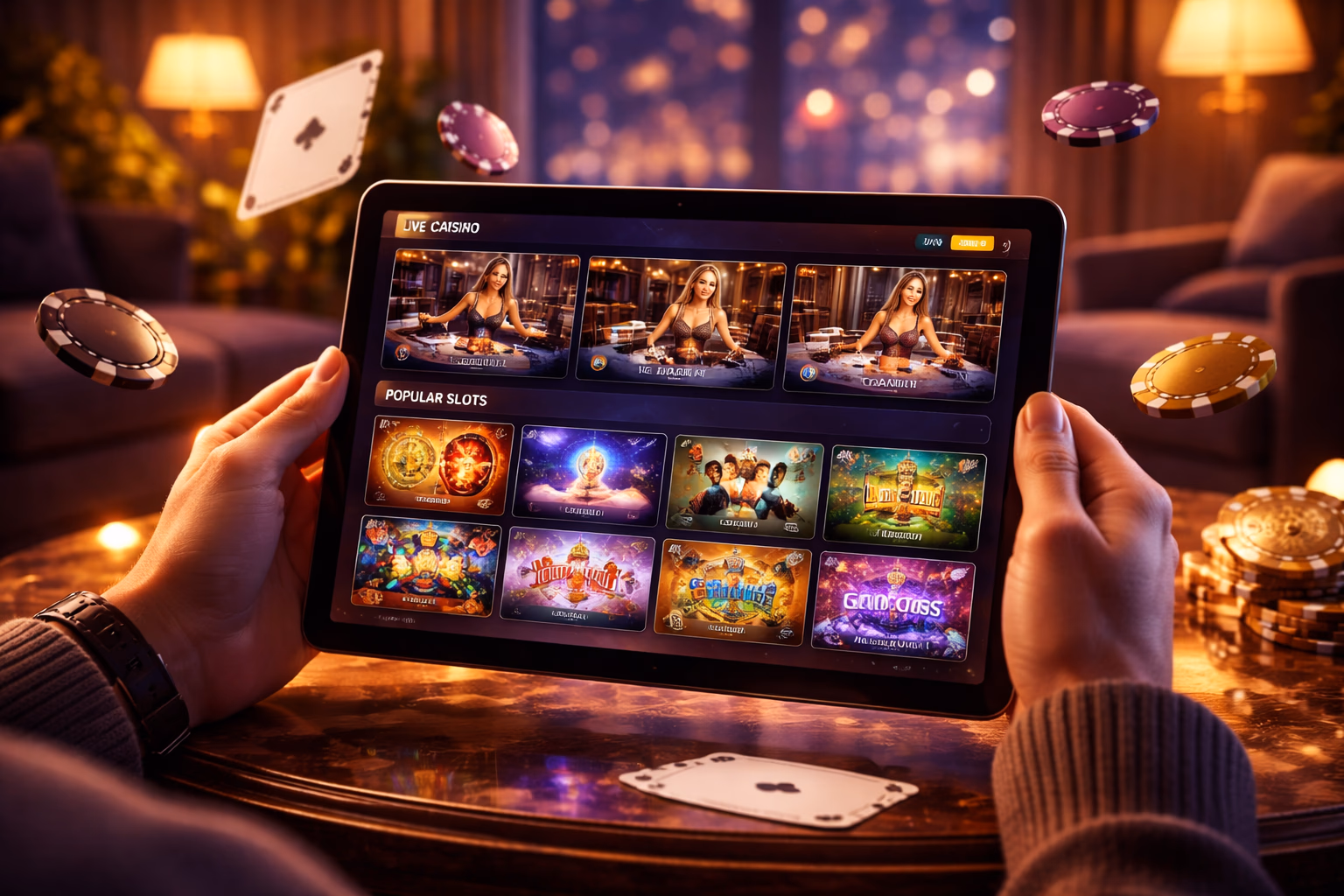 Player using a tablet to browse 7555bet casino games in a stylish room with purple and gold lighting