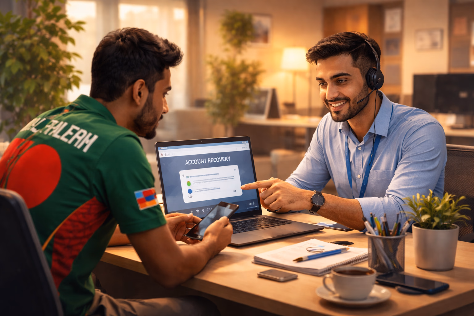 Helpful customer support scene for 7555bet login assistance with Bangladeshi player seeking account help